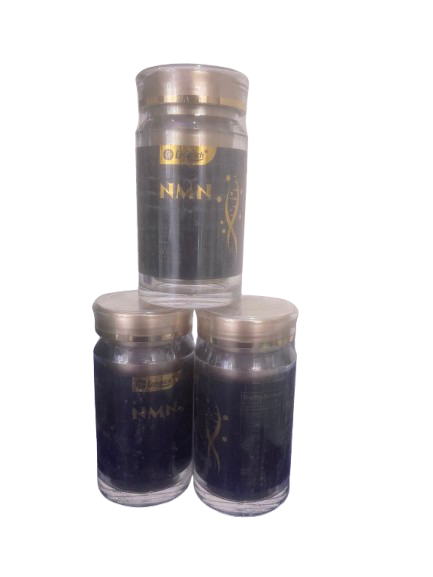 Three transparent jars stacked, each with a gold lid and labeled 'NMN'.