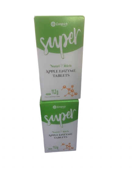 A box of Longrich Super Nutri Rich Apple Enzyme Tablets, weighing 112g, displayed standing upright and reflecting slightly.