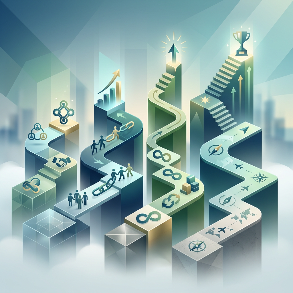 Abstract pathways showing collaboration, growth, travel, and progress toward a trophy