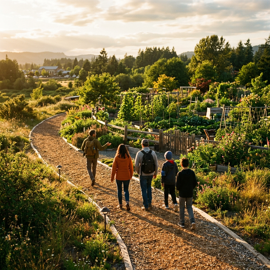 Five people walking along a path through a community garden